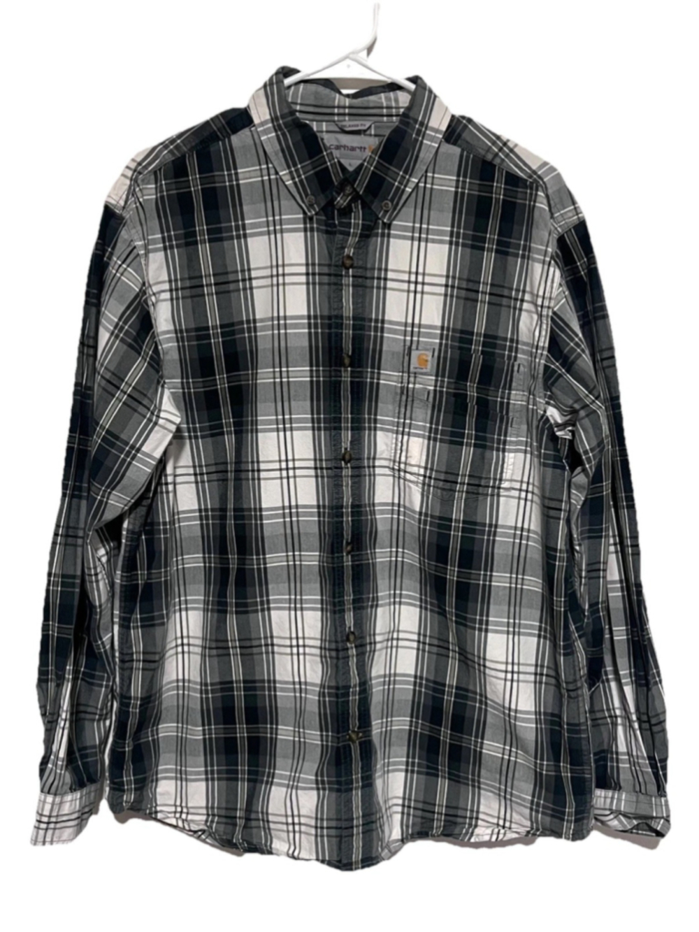 Carhartt Plaid Button Up Shirt Men’s Large Gray Black White Logo Relaxed Fit